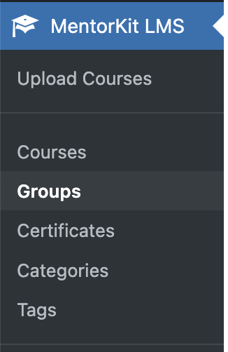 WordPress admin menu showing Mentorkit Groups